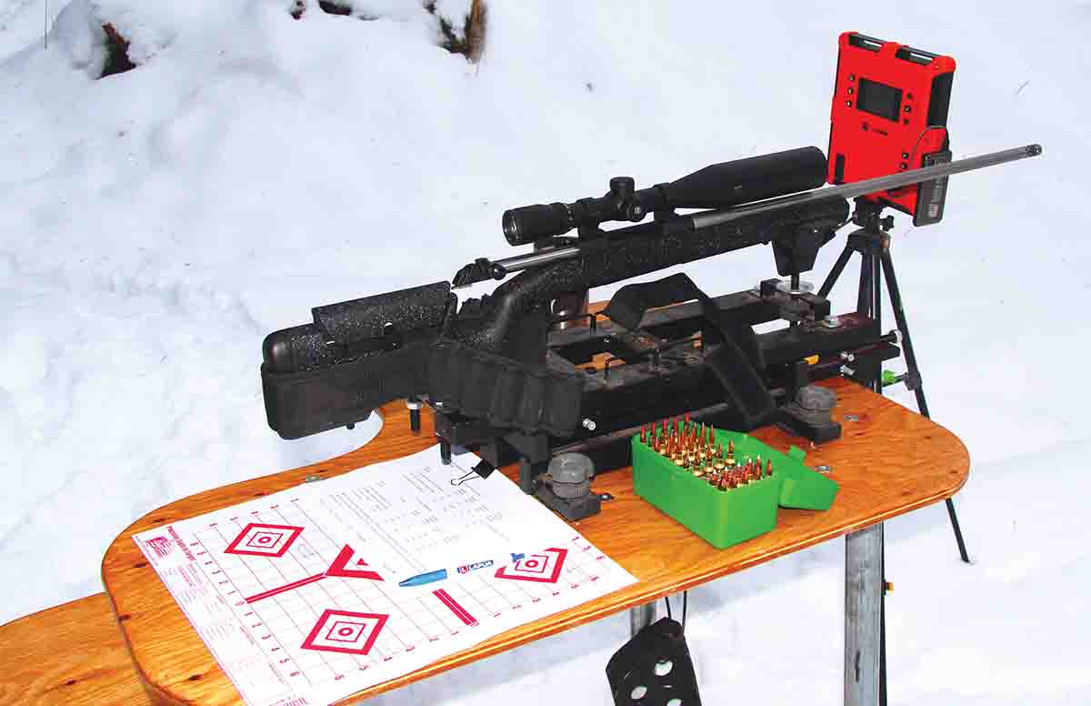 Shooting was conducted on a blustery day with snow sifting from the sky. The fluted barrel, despite extreme heating with the hot Nosler cartridge, cooled quickly.